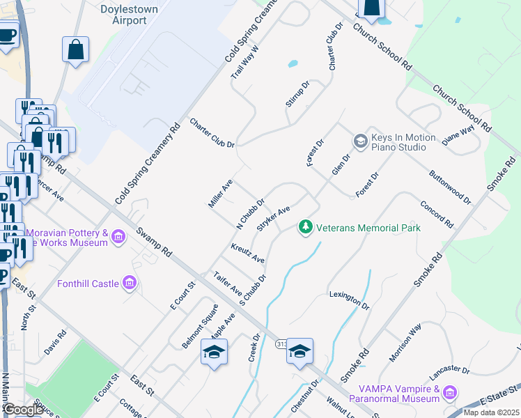 map of restaurants, bars, coffee shops, grocery stores, and more near 716 North Chubb Drive in Doylestown