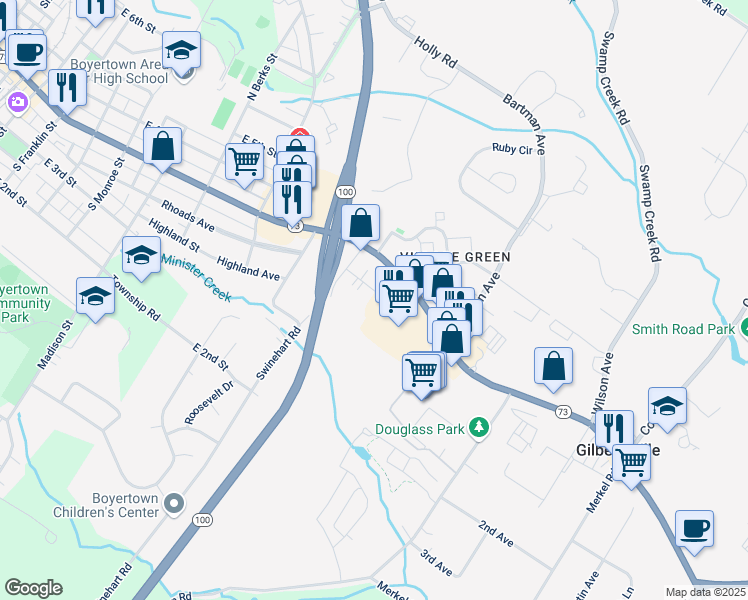 map of restaurants, bars, coffee shops, grocery stores, and more near 1026 Rhoads Avenue in Gilbertsville