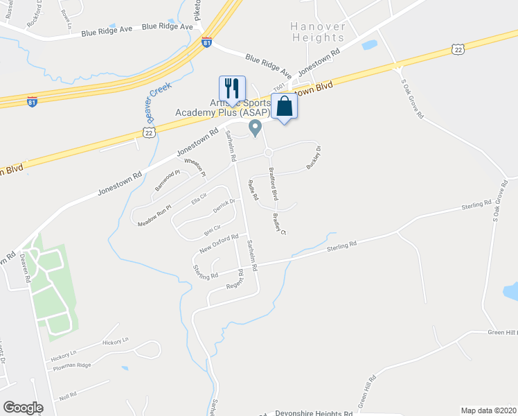 map of restaurants, bars, coffee shops, grocery stores, and more near 176 Radle Road in Dauphin County