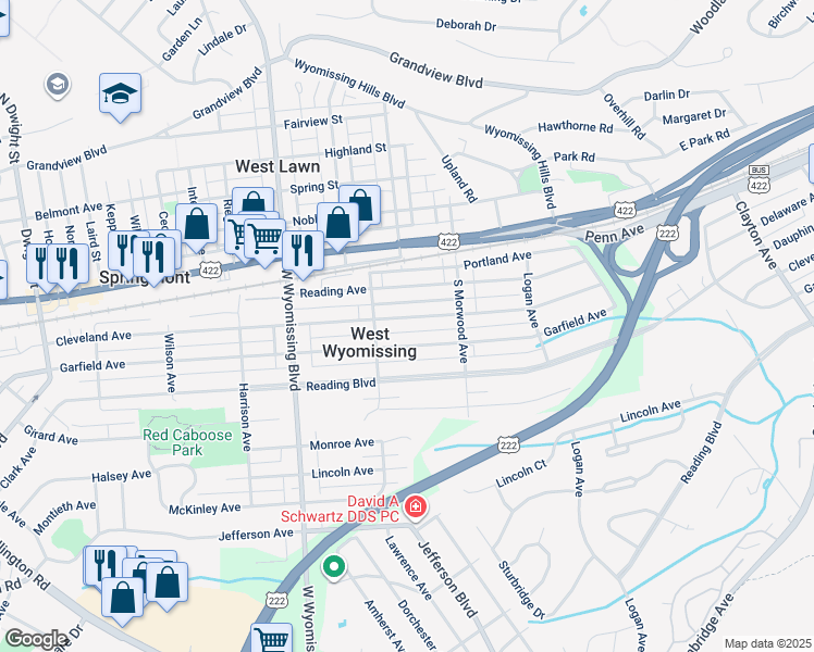 map of restaurants, bars, coffee shops, grocery stores, and more near 2152 Cleveland Avenue in Reading