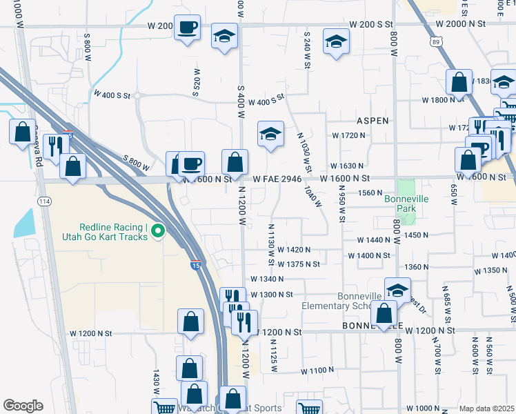 map of restaurants, bars, coffee shops, grocery stores, and more near 1169 West 1550 North in Orem