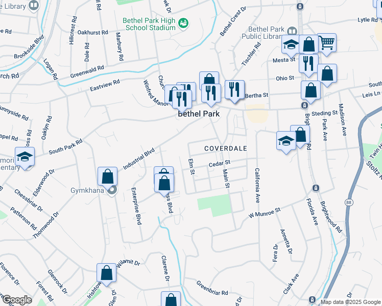 map of restaurants, bars, coffee shops, grocery stores, and more near 2897 Maple Street in Bethel Park