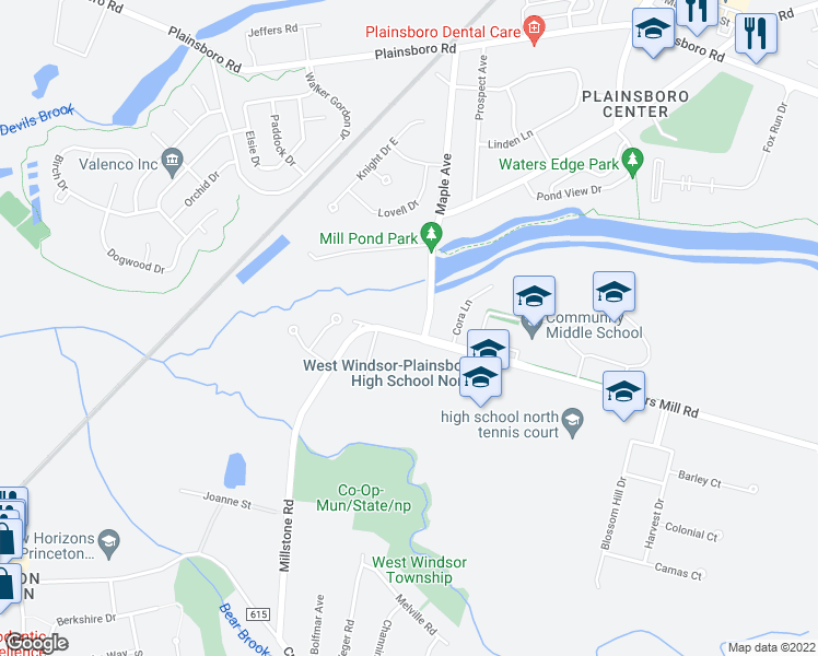 map of restaurants, bars, coffee shops, grocery stores, and more near 111 Grovers Mill Road in Plainsboro Township