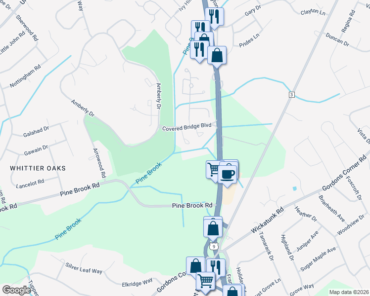 map of restaurants, bars, coffee shops, grocery stores, and more near 203 Covered Bridge Boulevard in Manalapan Township