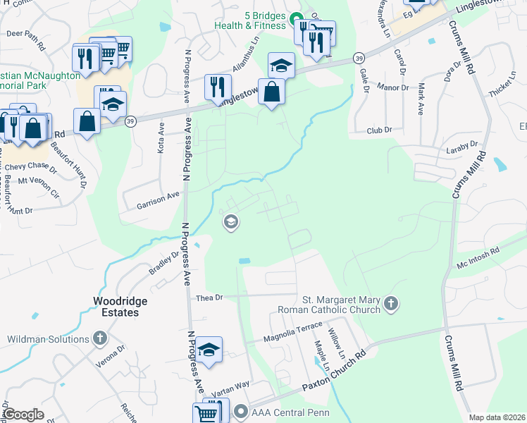 map of restaurants, bars, coffee shops, grocery stores, and more near 3801-3899 Birchwood Circle in Harrisburg
