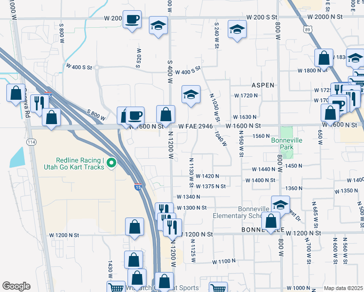 map of restaurants, bars, coffee shops, grocery stores, and more near 1169 West 1550 North in Orem