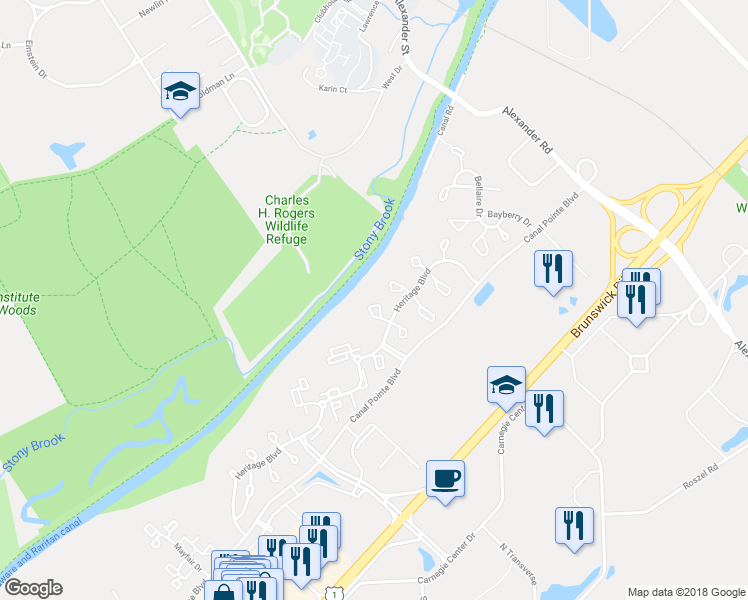 map of restaurants, bars, coffee shops, grocery stores, and more near 9 Aldgate Court in Princeton