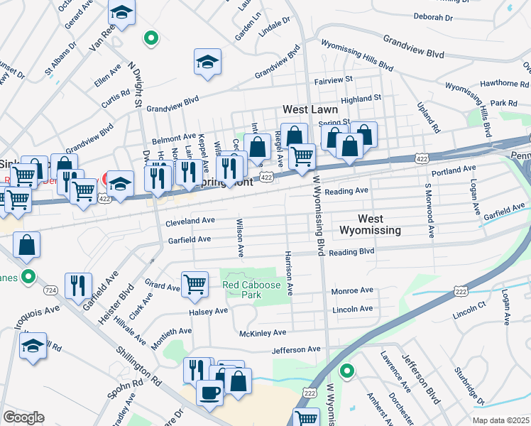 map of restaurants, bars, coffee shops, grocery stores, and more near 2425 Cleveland Avenue in West Lawn