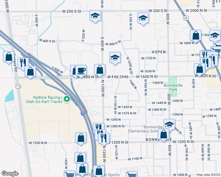 map of restaurants, bars, coffee shops, grocery stores, and more near 1167 West 1550 North in Orem