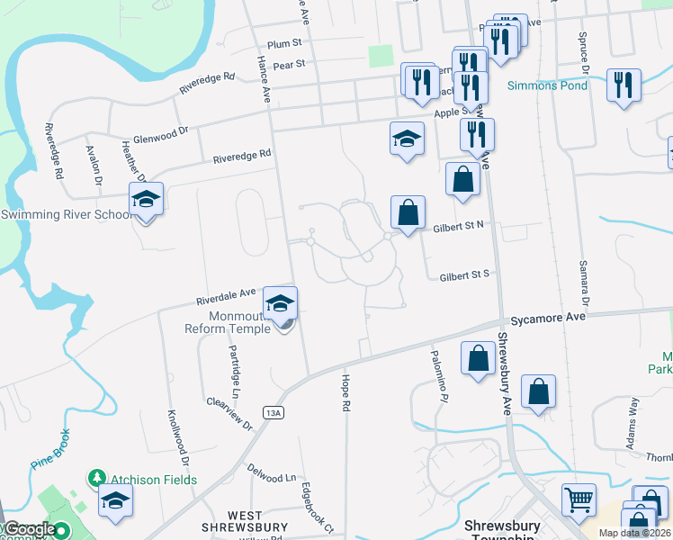 map of restaurants, bars, coffee shops, grocery stores, and more near 34 Hazelwood Terrace in Tinton Falls