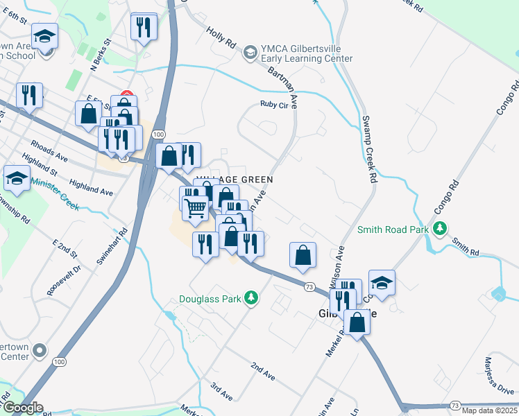 map of restaurants, bars, coffee shops, grocery stores, and more near 112 Bartman Avenue in Gilbertsville