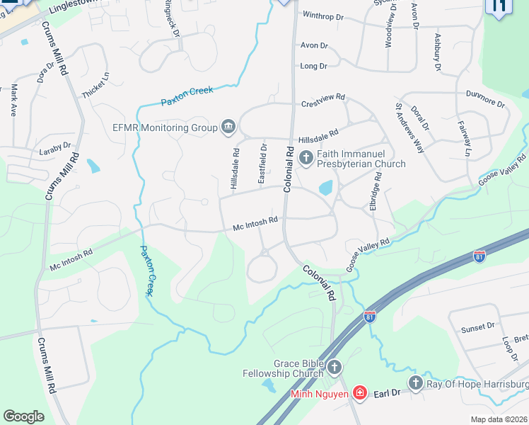 map of restaurants, bars, coffee shops, grocery stores, and more near 1606 Woodcrest Road in Harrisburg
