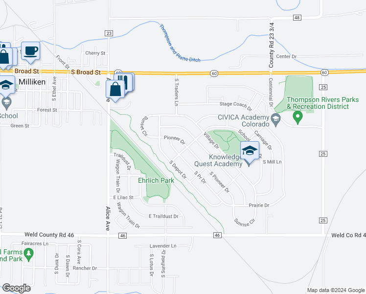 map of restaurants, bars, coffee shops, grocery stores, and more near 685 Pioneer Drive in Milliken