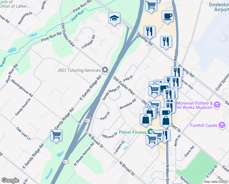map of restaurants, bars, coffee shops, grocery stores, and more near 8 Sandy Ridge Drive in Doylestown