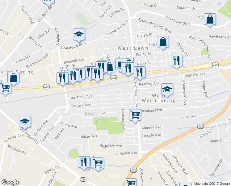 map of restaurants, bars, coffee shops, grocery stores, and more near 2415 Cleveland Avenue in West Lawn
