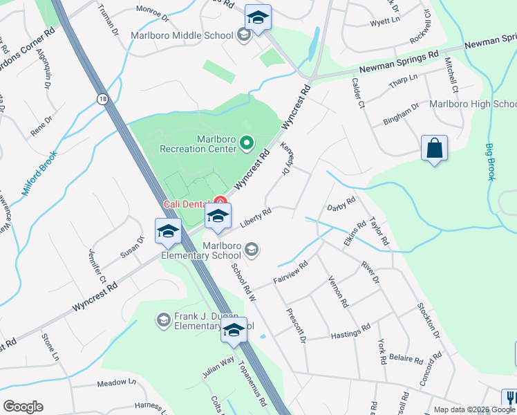 map of restaurants, bars, coffee shops, grocery stores, and more near 10 Liberty Road in Marlboro