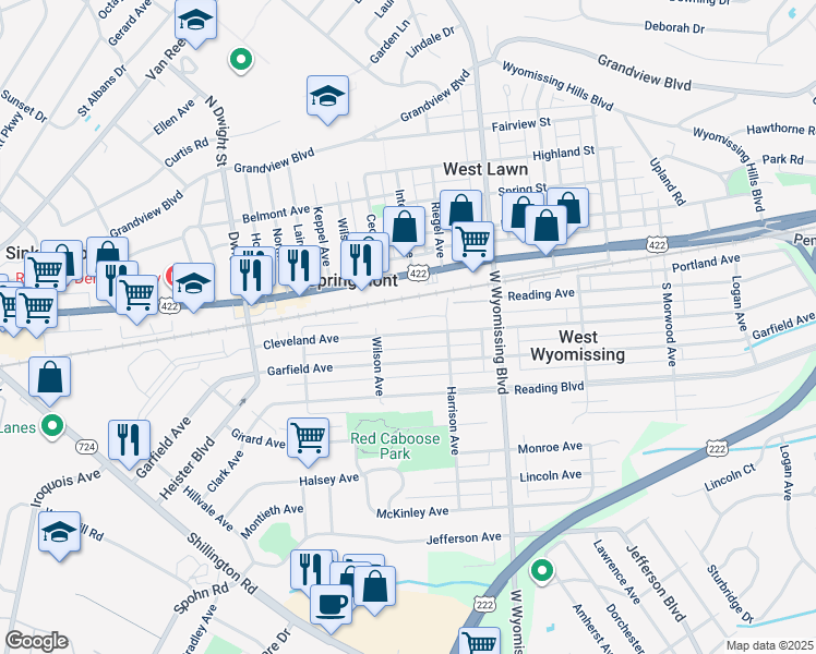 map of restaurants, bars, coffee shops, grocery stores, and more near 2433 Cleveland Avenue in West Lawn
