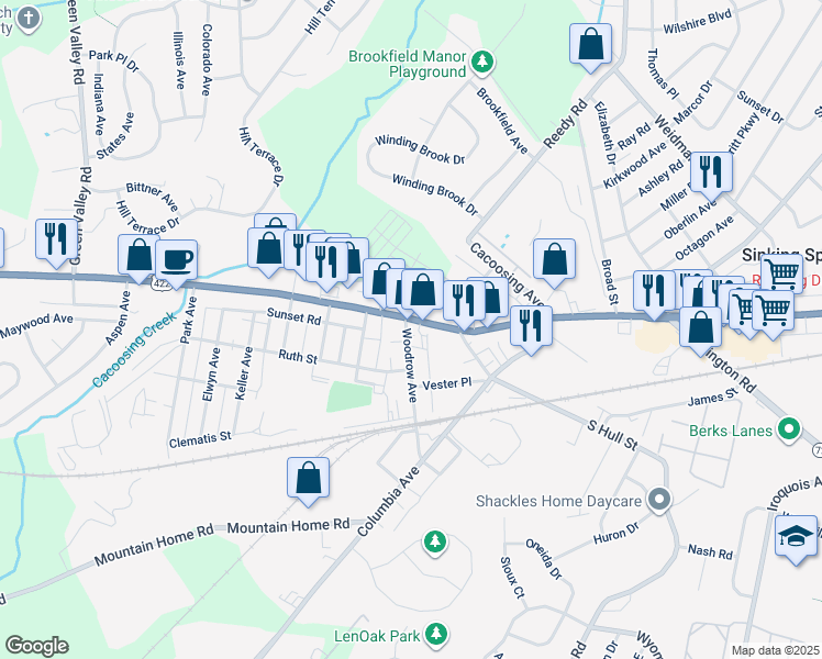 map of restaurants, bars, coffee shops, grocery stores, and more near 35 Woodrow Avenue in Sinking Spring