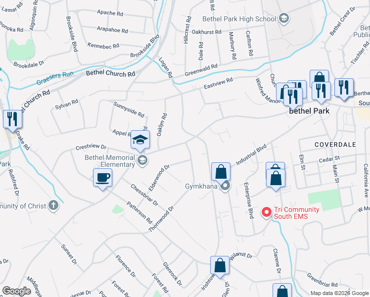 map of restaurants, bars, coffee shops, grocery stores, and more near 3208 Elderwood Drive in Bethel Park