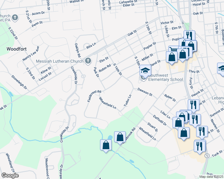 map of restaurants, bars, coffee shops, grocery stores, and more near 1660 Fieldcrest Road in Lebanon