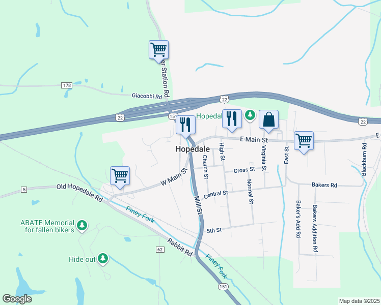 map of restaurants, bars, coffee shops, grocery stores, and more near 189 Mill Street in Hopedale