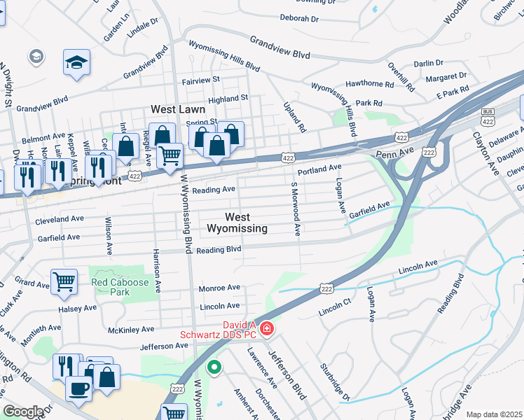 map of restaurants, bars, coffee shops, grocery stores, and more near 2152 Cleveland Avenue in Reading