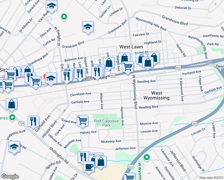 map of restaurants, bars, coffee shops, grocery stores, and more near 2425 Cleveland Avenue in West Lawn