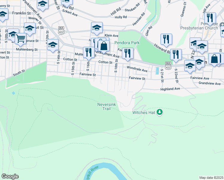 map of restaurants, bars, coffee shops, grocery stores, and more near 18TH Highland Avenue in Reading