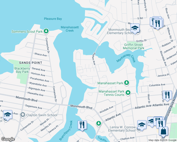 map of restaurants, bars, coffee shops, grocery stores, and more near 580 Patten Avenue in Long Branch