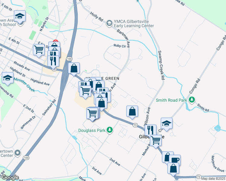 map of restaurants, bars, coffee shops, grocery stores, and more near 112 Bartman Avenue in Gilbertsville