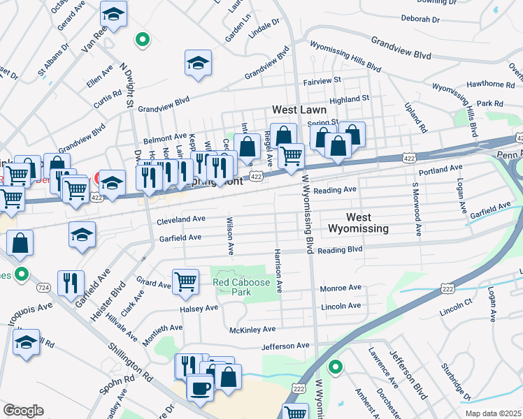 map of restaurants, bars, coffee shops, grocery stores, and more near 2415 Cleveland Avenue in West Lawn
