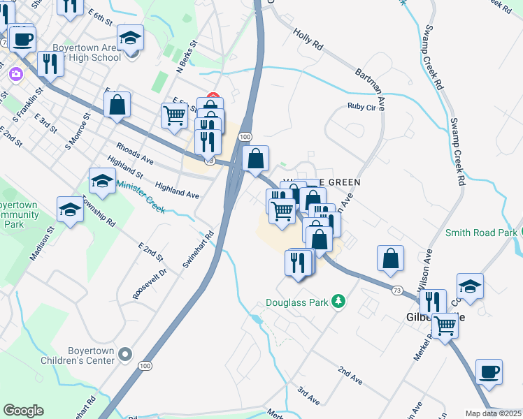 map of restaurants, bars, coffee shops, grocery stores, and more near 1026 Rhoads Avenue in Gilbertsville
