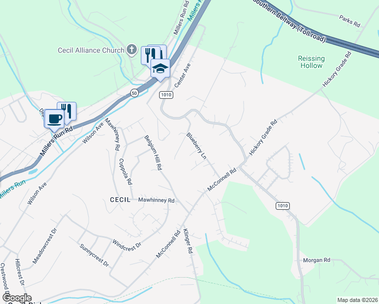 map of restaurants, bars, coffee shops, grocery stores, and more near 17 Cranberry Lane in Cecil-Bishop