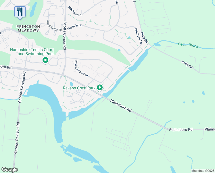 map of restaurants, bars, coffee shops, grocery stores, and more near 411 Ravens Crest Drive in Princeton Meadows