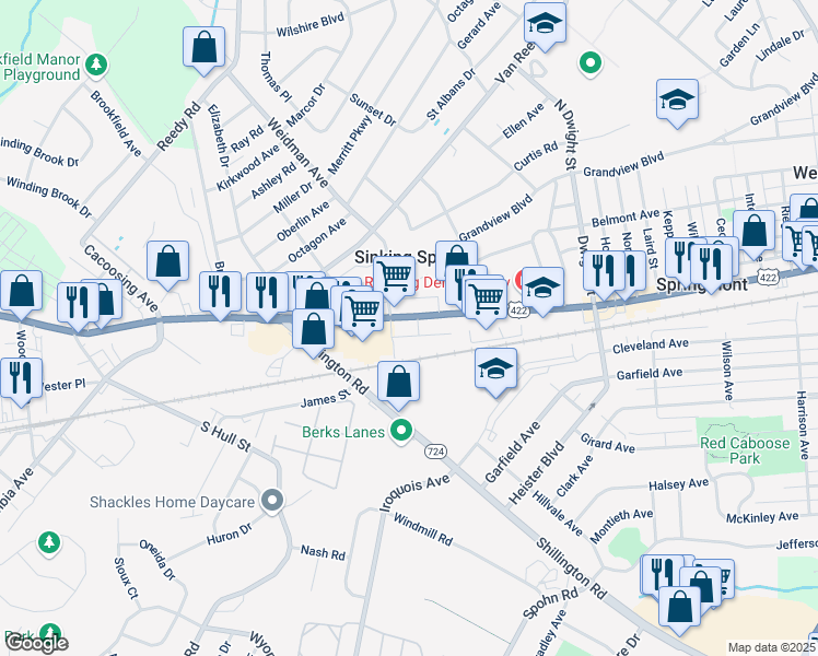 map of restaurants, bars, coffee shops, grocery stores, and more near 35 Queen Street in Sinking Spring