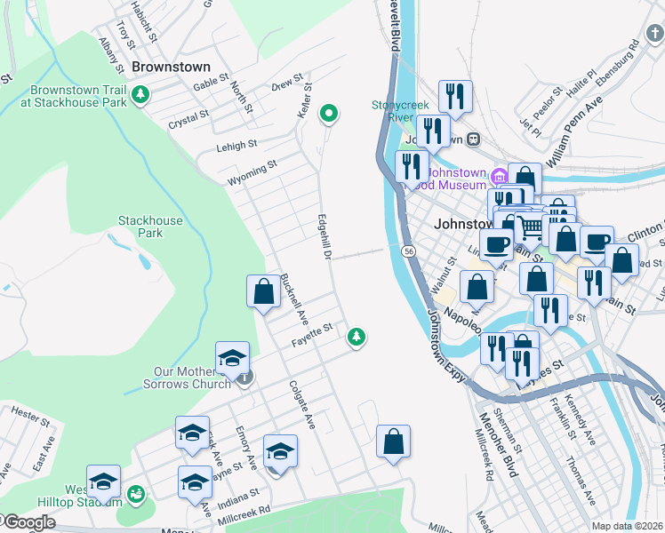 map of restaurants, bars, coffee shops, grocery stores, and more near 709 Edgehill Drive in Johnstown