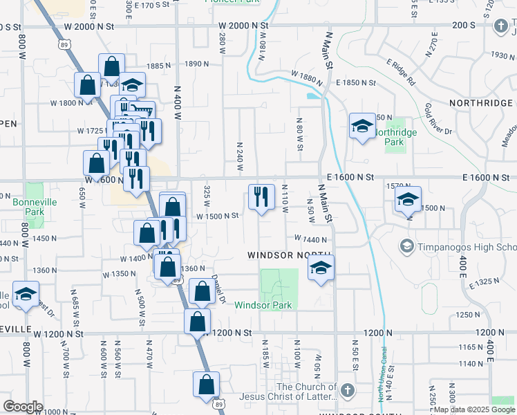 map of restaurants, bars, coffee shops, grocery stores, and more near North 200 West Street in Orem