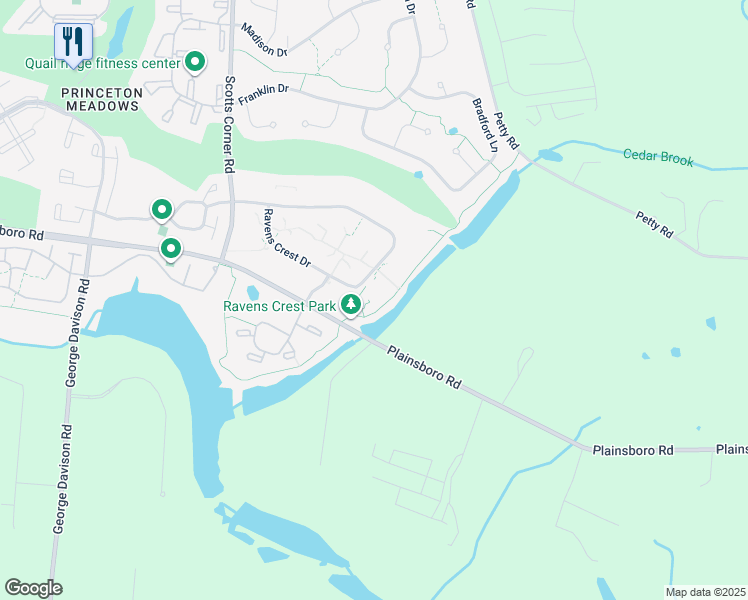 map of restaurants, bars, coffee shops, grocery stores, and more near 412 Ravens Crest Drive in Princeton Meadows