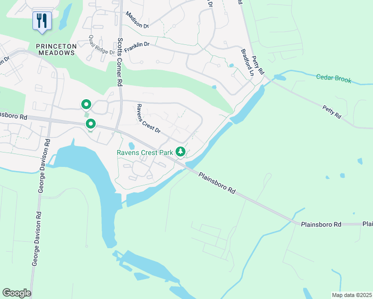 map of restaurants, bars, coffee shops, grocery stores, and more near Ravens Crest Drive in Princeton Meadows