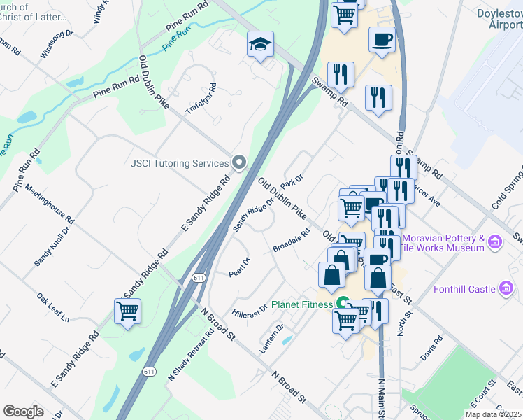 map of restaurants, bars, coffee shops, grocery stores, and more near 16 Sandy Ridge Drive in Doylestown