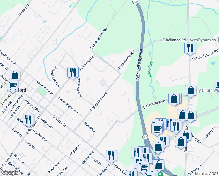 map of restaurants, bars, coffee shops, grocery stores, and more near 320 East Summit Avenue in Telford