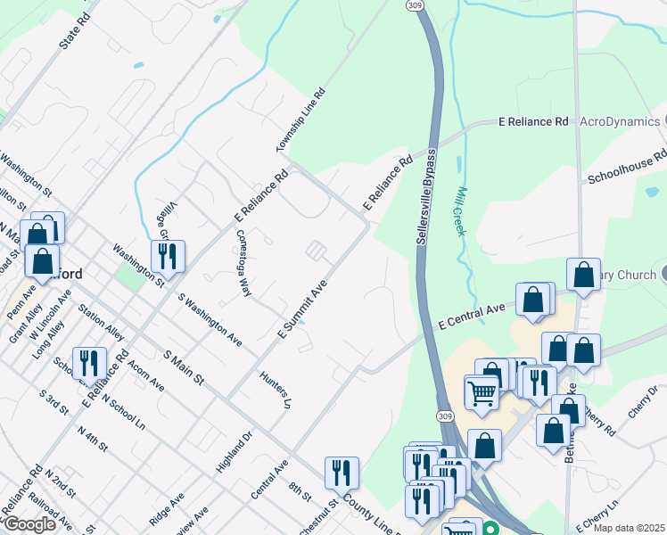 map of restaurants, bars, coffee shops, grocery stores, and more near 320 East Summit Avenue in Telford