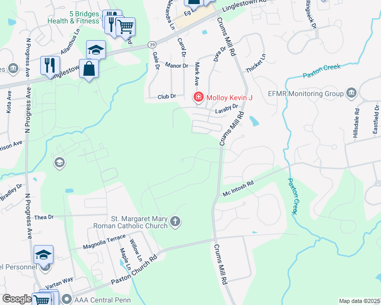 map of restaurants, bars, coffee shops, grocery stores, and more near 3608 Seabiscuit Way in Harrisburg