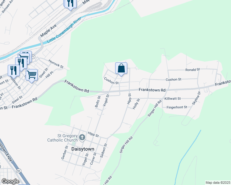 map of restaurants, bars, coffee shops, grocery stores, and more near 65-77 Vogel St in Johnstown