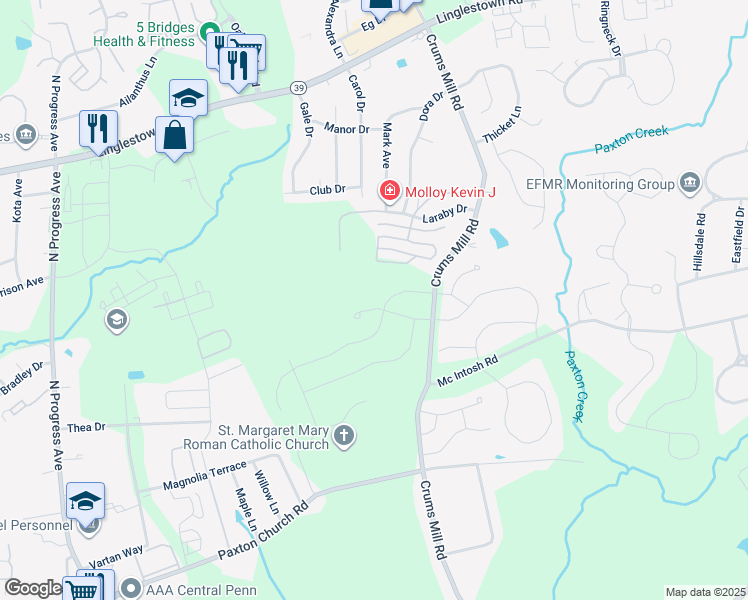 map of restaurants, bars, coffee shops, grocery stores, and more near 3608 Seabiscuit Way in Harrisburg