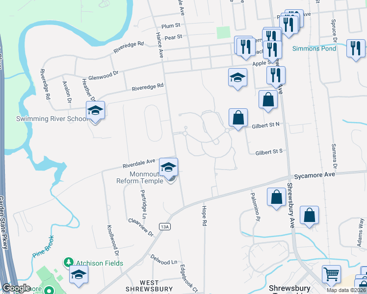 map of restaurants, bars, coffee shops, grocery stores, and more near 18 Hazelwood Terrace in Tinton Falls