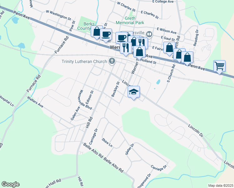 map of restaurants, bars, coffee shops, grocery stores, and more near 16 Hain Avenue in Wernersville