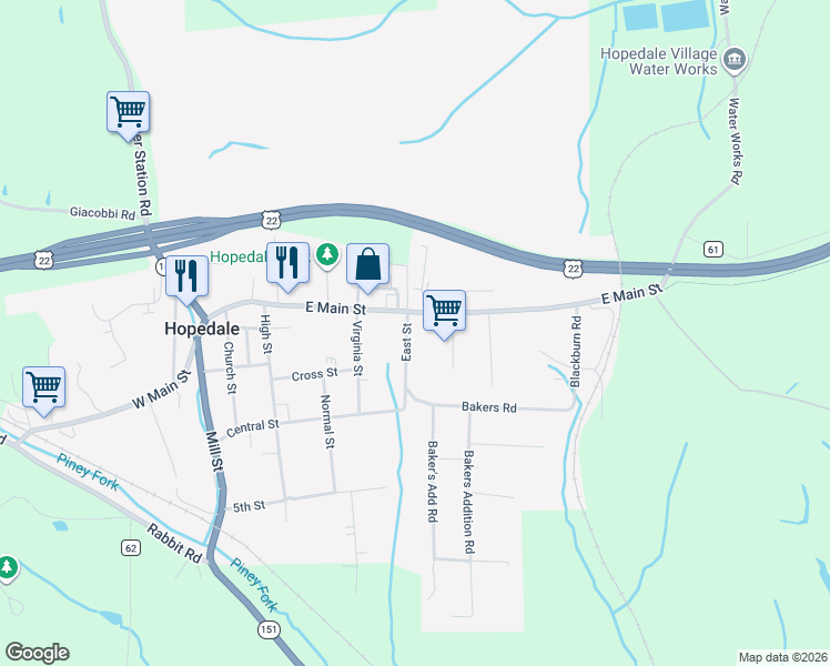 map of restaurants, bars, coffee shops, grocery stores, and more near 612 East Street in Hopedale