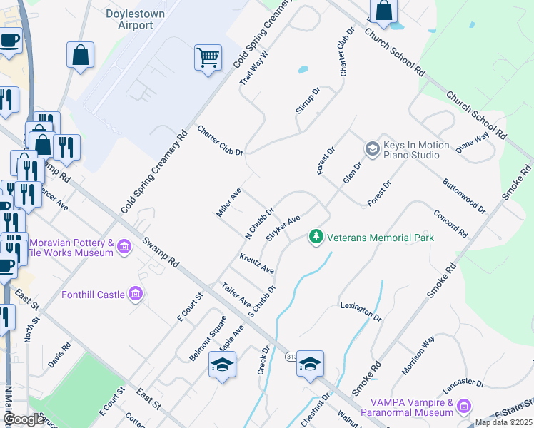 map of restaurants, bars, coffee shops, grocery stores, and more near 716 North Chubb Drive in Doylestown