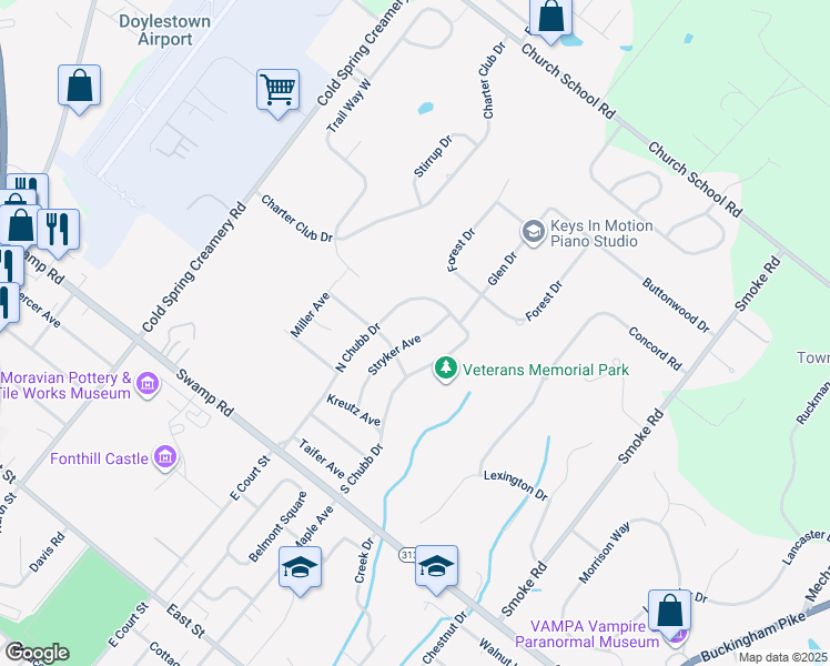 map of restaurants, bars, coffee shops, grocery stores, and more near 729 Stryker Avenue in Doylestown